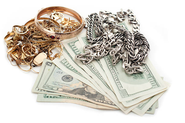 de ouro e prata pilha de resíduos de dinheiro dólares - jewelry paper currency gold currency imagens e fotografias de stock
