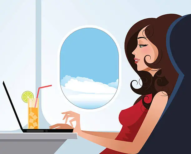 Vector illustration of Poster of woman enjoying plane experience during traveling