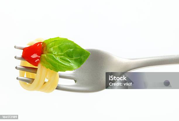 Spaghetti With Ketchup On Fork Stock Photo - Download Image Now - Basil, Boiled, Cooked