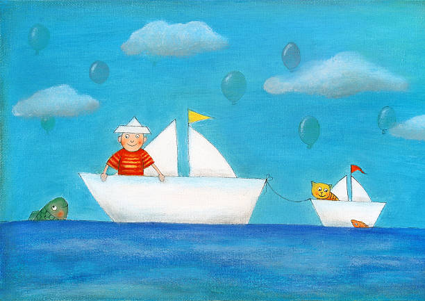 młody chłopiec żeglarstwo, rysunek dziecka, malarstwo olejne na kanwie - nautical vessel fishing child image stock illustrations