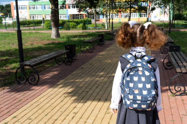 istock Pupil with backpack and in a school uniform in school yard back to the frame. Back to school, September 1. A happy student. Primary education, elementary class. Road to life, to knowledge 1641730360