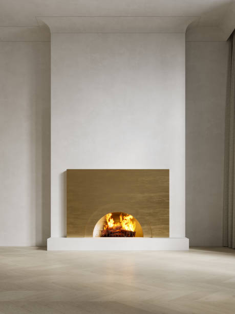 istock Modern classic white interior with gold fireplace. 3d render illustration mockup. 1641745364