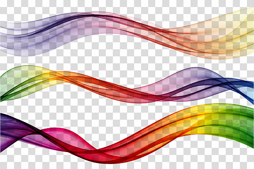 Set of abstract colorful waves isolated on transparent background.