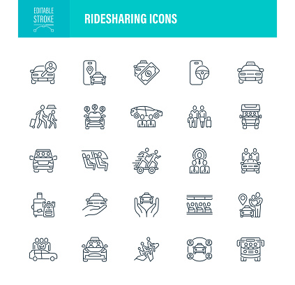 Ridesharing Icon Set. Editable Stroke. Contains such icons as Driving, Car, Car Pooling, Carsharing, Car Pooling, Car Pooling, Crowdsourced Taxi