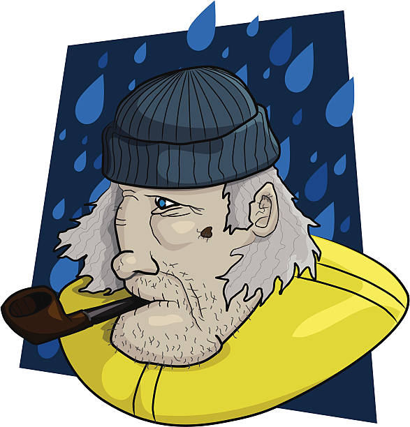 sailor in the rain chewing on his pipe. vector art illustration