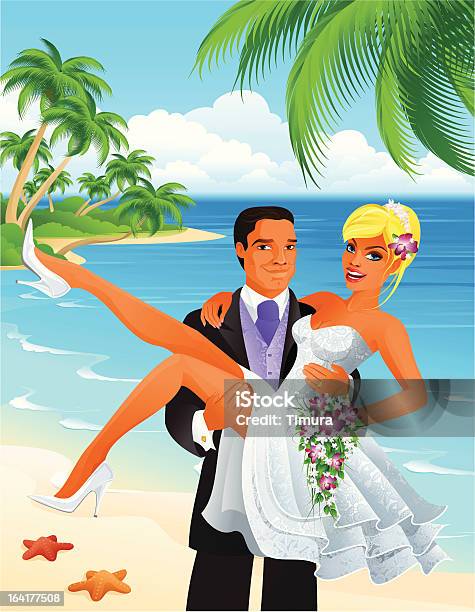 Just Married Na Praia - Arte vetorial de stock e mais imagens de Adulto - Adulto, Amor, Areia