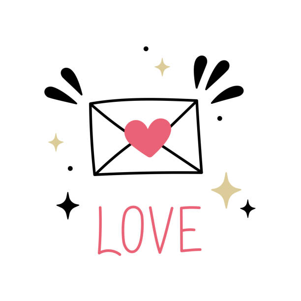 ilustrações, clipart, desenhos animados e ícones de envelope de carta de amor bonito isolado no fundo branco. ilustração vetorial de arte de linha desenhada à mão com letras love. - mail correspondence romance passion