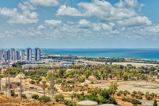 View of the Naot Peres district of Haifa, the stadium and the sea coast.