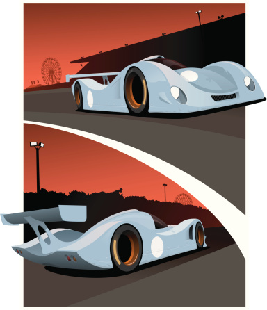 Two views of a prototype race car during te 24 hours of Le Mans. On a beautiful sunset background.