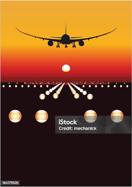 Vector Flugzeug Landung Bei Sonnenuntergang Stock Vektor Art und mehr Bilder von Abheben - Aktivität - Abheben - Aktivität, Aktivitäten und Sport, Beleuchtet