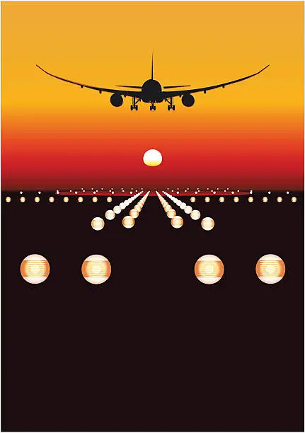 Vector illustration of Vector aircraft landing at sunset