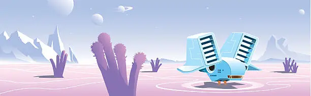 Vector illustration of Spaceship landing on lonely desert planet