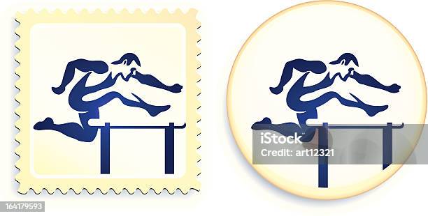 Runner Hurdling Stamp And Button Stock Illustration - Download Image Now - Sprinting, Athlete, Blue