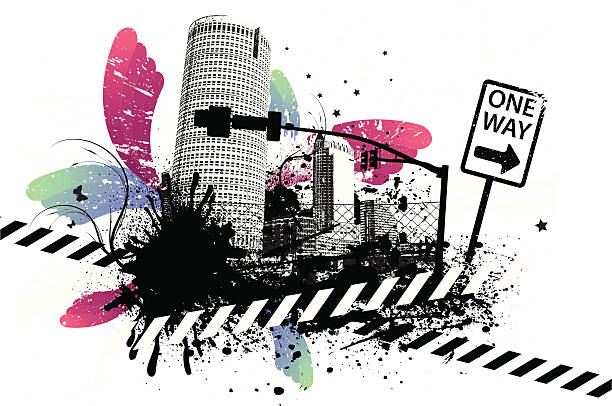 ilustrações de stock, clip art, desenhos animados e ícones de uma forma grunge redemoinho city - arrow sign road sign fence