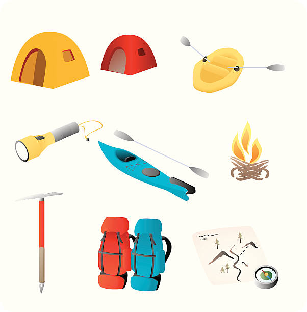 ilustraciones, imágenes clip art, dibujos animados e iconos de stock de la naturaleza estupenda - inflatable raft camping kayak mountain climbing