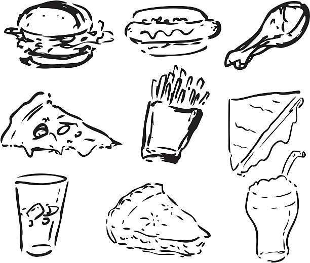 Fast food icons "Fast food icons, black and whte hand-drawn look: hamburger, hotdog, fried chicken, pizza, fries, grilled cheese sandwich, coke, pie, shake" apple pie cheese stock illustrations