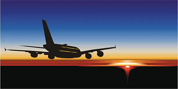 Vector illustration of Jetliner A380 at sunset