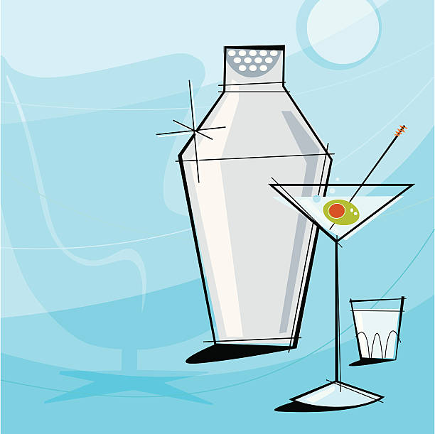 Retro Martini (Vector) Retro Martini Vignette with shaker and shot glass. Each item is grouped so you can use them independently from the background. Layered file for easy edit--no transparencies or strokes! martini stock illustrations