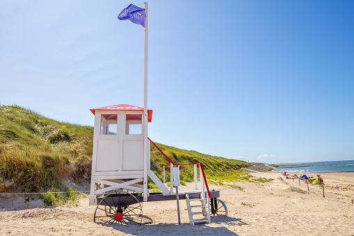 Coastline with summerhouses at the Danish west coast near Loekken. One of few places where driving on the beach is permitted