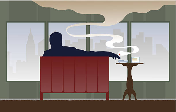 Smoking man looking out window at skyline vector art illustration