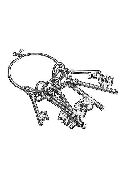 Vector illustration of Pencil Drawing of Old-Time Keys on a Keyring