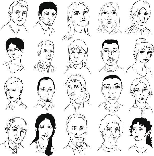 Black and white outline drawings of many different faces http://www.bodhihill.com/istockADS_penink.jpg portrait drawings stock illustrations