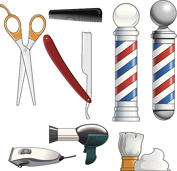 ilustraciones, imágenes clip art, dibujos animados e iconos de stock de barber shop herramientas - barbers pole