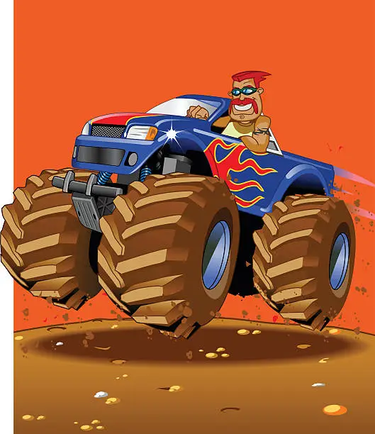 Vector illustration of Blue monster truck with red flames driven by a red hair dude