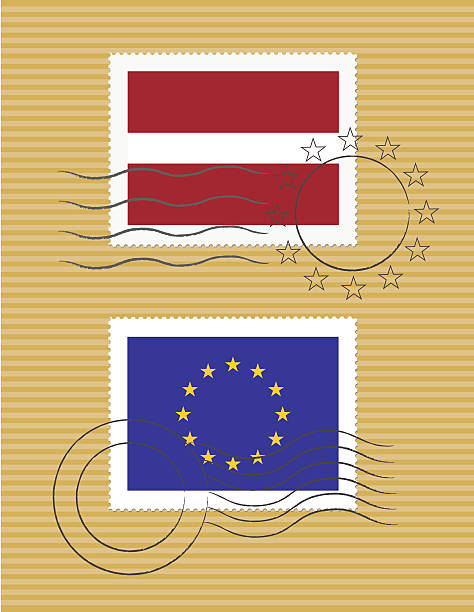 Stamps with flag of Latvia and European Union vector art illustration