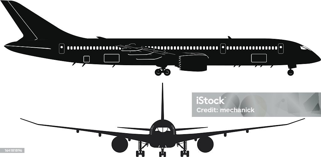 Passenger Jetliner Detailed vector silhouette with windows and cockpit of passenger jet. Avalable EPS-8, AI-10, CDR-9, SVG-1.1 formats. Blueprint stock vector
