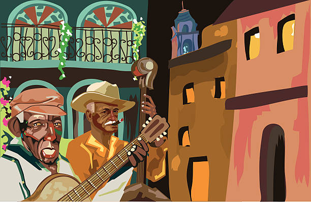 cuban musicians a typical scene of cuba with musicians and a pintoresque town cuba illustrations stock illustrations