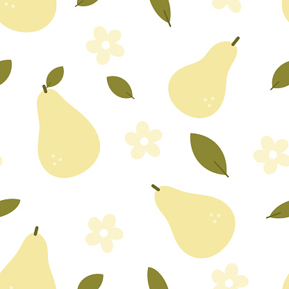 Pear seamless pattern. Hand drawn abstract yellow fruits and leaves with flowers scattered on white background