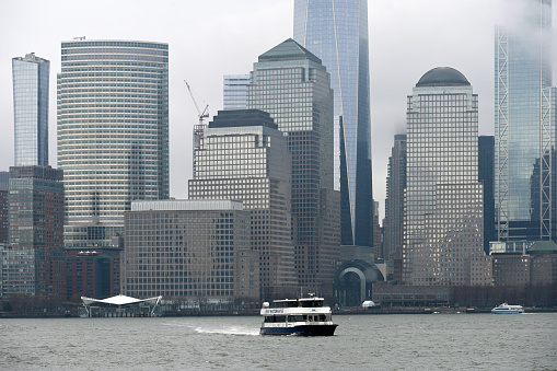 New York City - February 17, 2023: Ferry boat on The Hudson River in New York City, United States