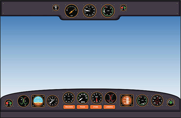 ilustraciones, imágenes clip art, dibujos animados e iconos de stock de cabina de piloto instrumento panel-ilustración vectorial - cockpit airplane aerospace industry control