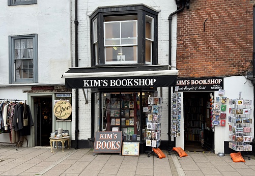 Arundel, UK - August 11, 2023: Kim’s Bookshop in the town centre, Arundel, West Sussex, UK.