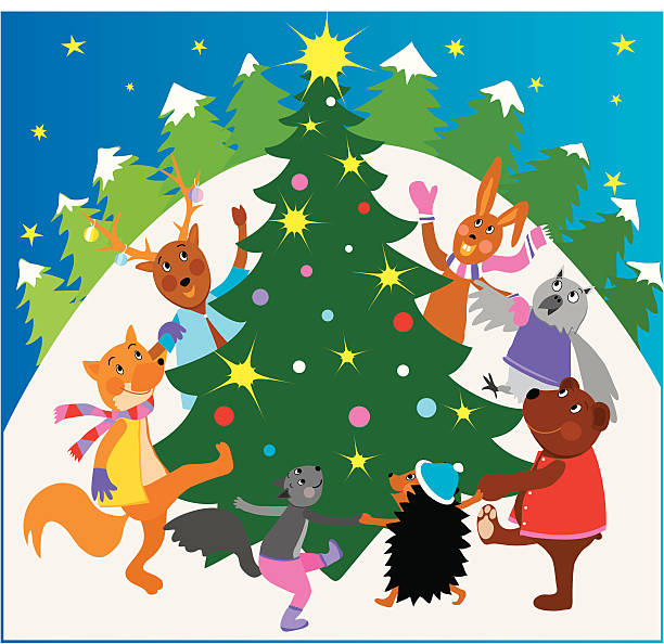 Christmas celebration in a forest vector art illustration