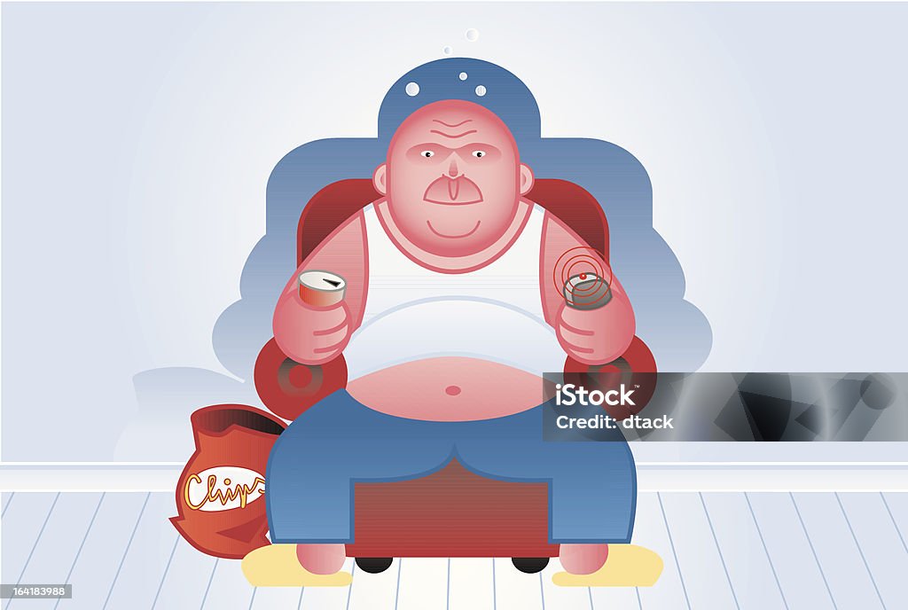 fat man watches TV an overweight man in an armchair is watching TV, remote and beer in hand, chips at his side. (AI CS2 file and XL-sized JPG included). Adult stock vector