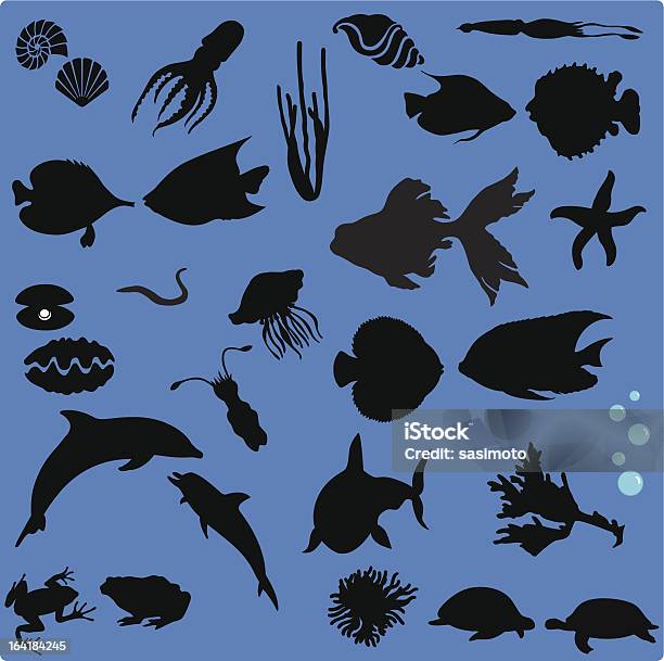 Силуэт Sea Life Бесшовный Фон — стоковая векторная графика и другие изображения на тему Акула - Акула, Вариация, Векторная графика