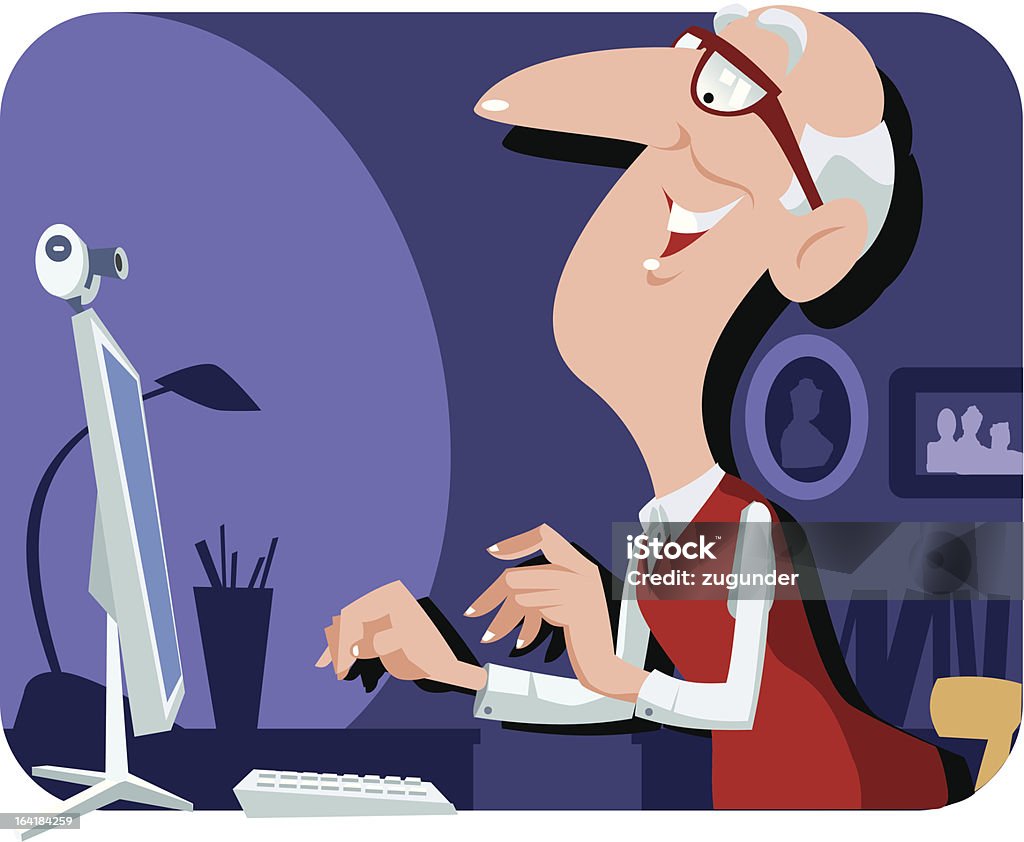 Grandpa with PC Senior man having a online chat via webcam. ZIP incl. AI, CDR and hi-res CMYK JPG. Adult stock vector