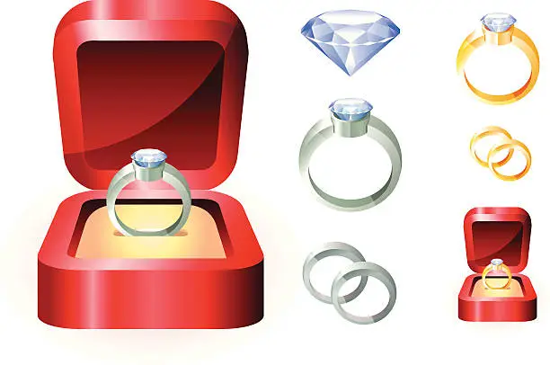 Vector illustration of Engagement diamond wedding ring in red box
