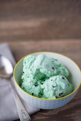 A delicious bowl of mint chocolate chip ice cream.