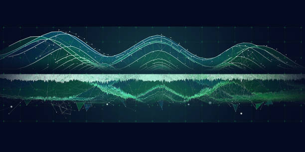 Abstract background polygonaly wavy in web grid with noisy signal on dark. Big Data. Technology wireframe interlacement concept in virtual space. Banner for business, science and technology data analytics. fondo abstracto poligonalmente ondulado en cuadrícula web con señal ruidosa en la oscuridad. big data. concepto de entrelazado de wireframe tecnológico en el espacio virtual. banner para análisis de datos empresariales, científicos y tecnológicos.