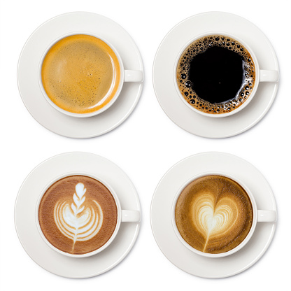 Coffee cup assortment top view collection, coffee cup assortment top view collection isolated on white background.
