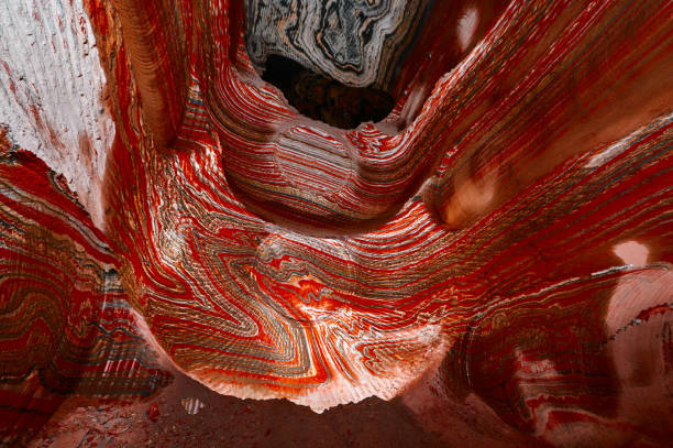 Amazing colorful patterns on walls of sylvinite salt quarry. Natural material mining industry. Mineral ore digging for agriculture process