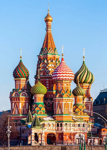 Morning view of the St. Basil's Cathedral. Saint Basil’s Cathedral is one of the well-known buildings in Moscow, Russia. This amazing church was built 450 years ago next to the Moscow Kremlin on Red square