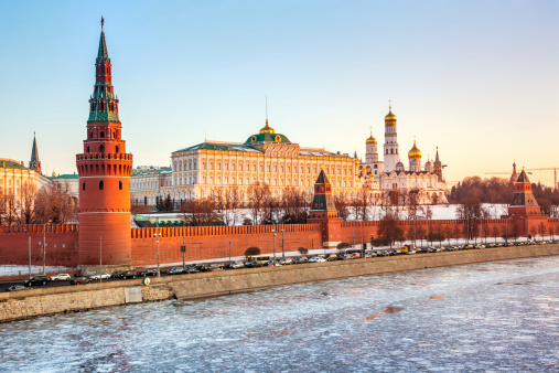 Ensemble of Moscow Kremlin view across Moskva river at a sunny winter morning