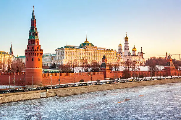 Ensemble of Moscow Kremlin view across Moskva river at a sunny winter morning
