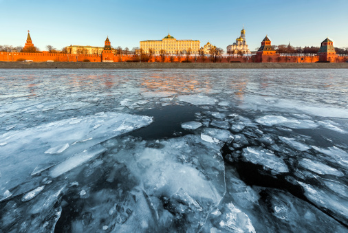 Ensemble of Moscow Kremlin view across Moskva river at a winter morning, Russia.