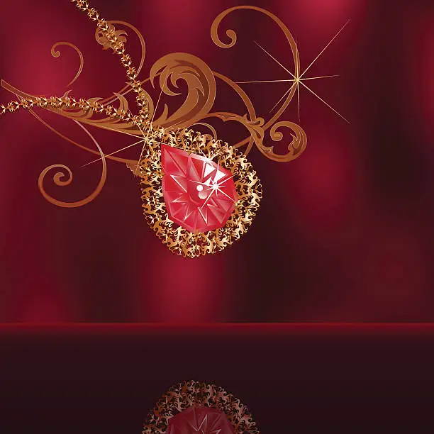 Vector illustration of Gold necklace with a ruby