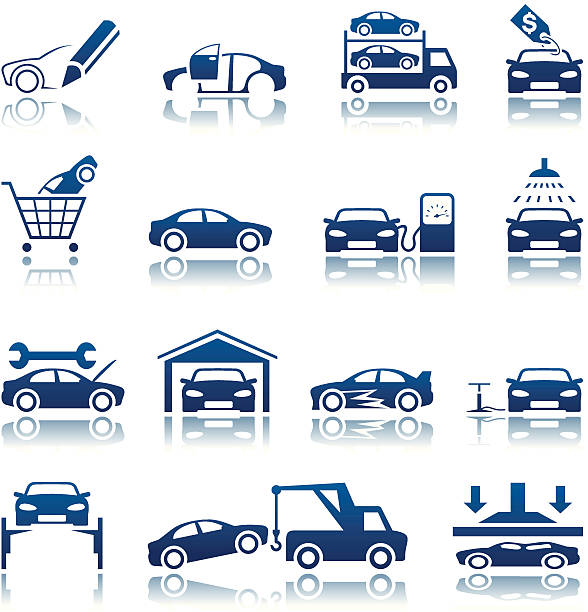 illustrazioni stock, clip art, cartoni animati e icone di tendenza di set di icone per il settore automotive - car motor vehicle towing repairing